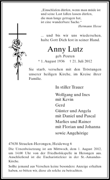 Traueranzeige von Anni Lutz von Rheinische Post