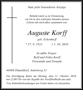 Traueranzeige von Auguste Korff von Rheinische Post
