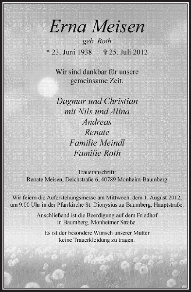  Traueranzeige für Erna Meisen vom 28.07.2012 aus Rheinische Post