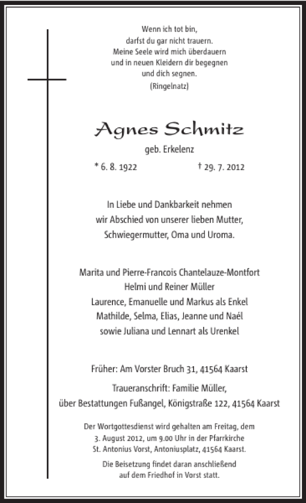  Traueranzeige für Agnes Schmitz vom 01.08.2012 aus Rheinische Post
