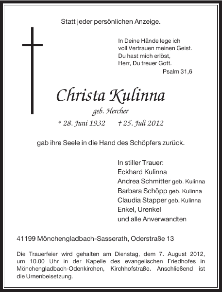 Alle Traueranzeigen Für Christa Kulinna | Trauer.rp-online.de