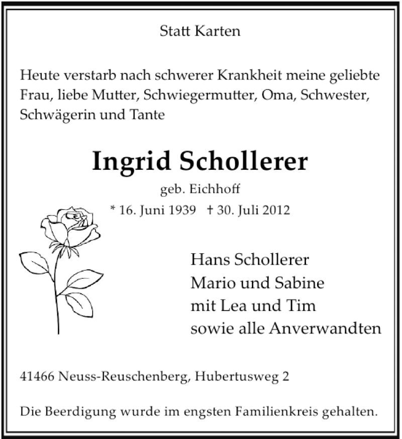  Traueranzeige für Ingrid Schollerer vom 04.08.2012 aus Rheinische Post
