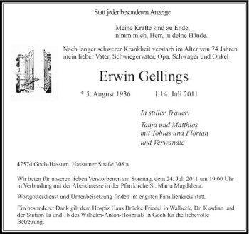 Traueranzeige von Erwin Gellings von Rheinische Post