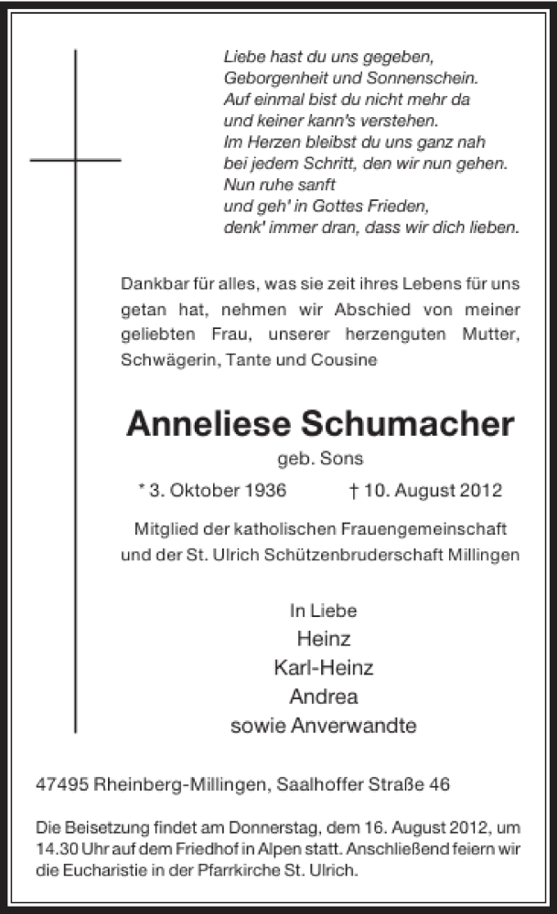 Alle Traueranzeigen für Anneliese Schumacher | trauer.rp-online.de