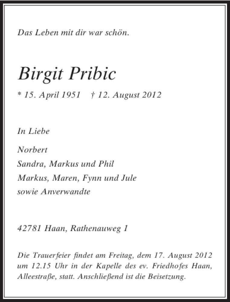 Traueranzeige für Pribic Birgit vom 15.08.2012 aus Rheinische Post