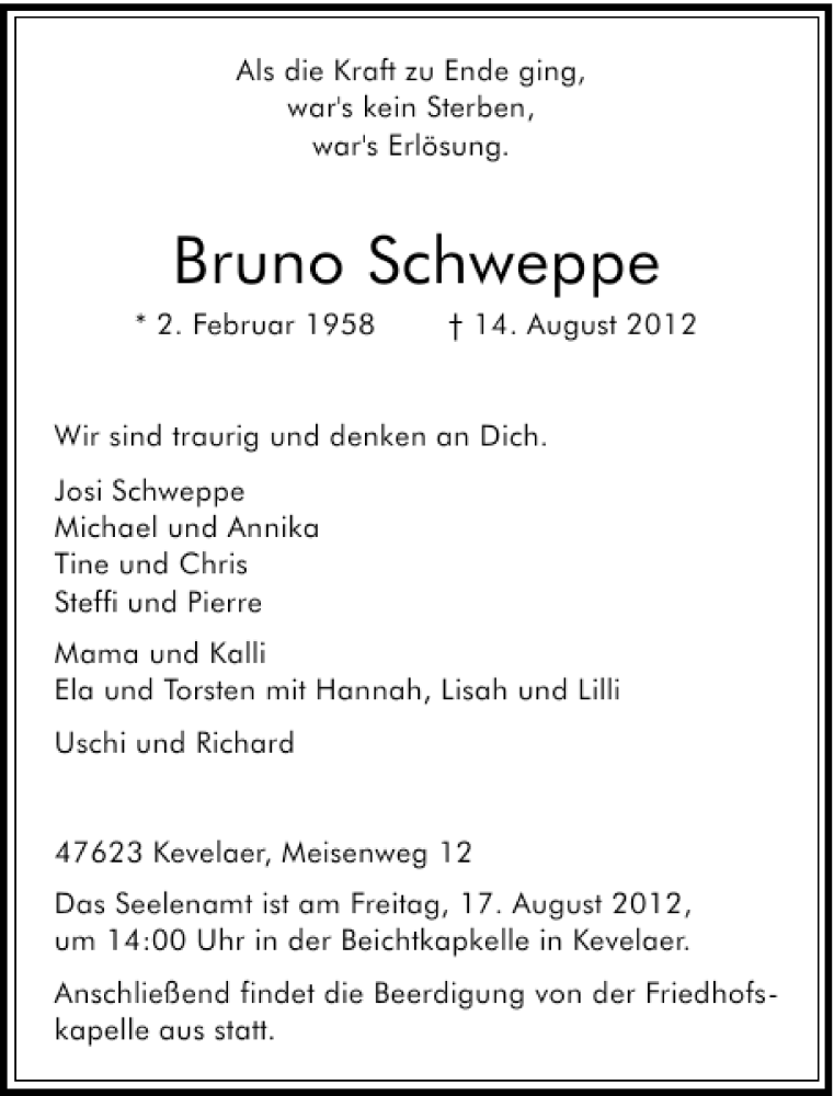  Traueranzeige für Bruno Schweppe vom 16.08.2012 aus Rheinische Post
