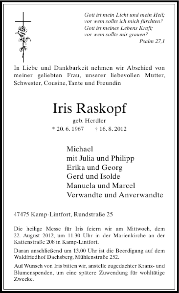  Traueranzeige für Iris Raskopf vom 21.08.2012 aus Rheinische Post