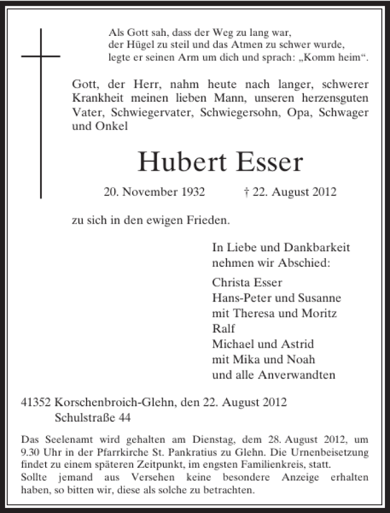  Traueranzeige für Hubert Esser vom 23.08.2012 aus Rheinische Post