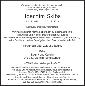 Traueranzeige von Joachim Skiba von Rheinische Post