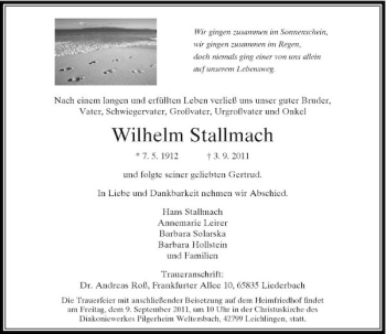 Traueranzeige von Wilhelm Stallmach von Rheinische Post