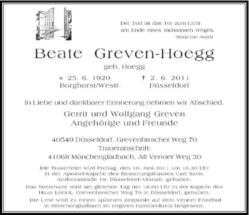 Traueranzeige von Beate Greven-Hoegg von Rheinische Post