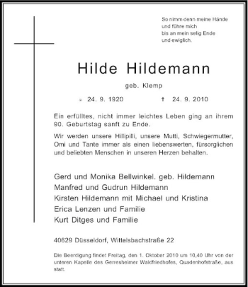 Traueranzeige von Hilde Hildemann von Rheinische Post