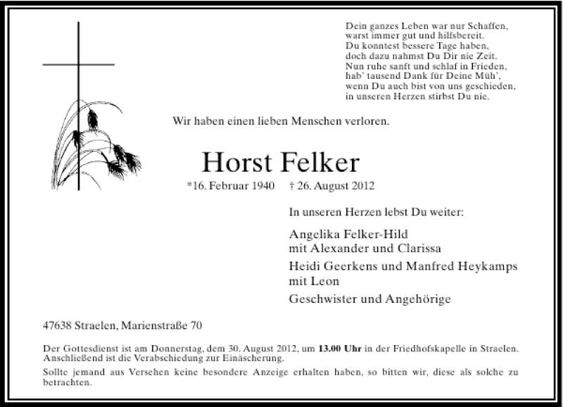  Traueranzeige für Horst Felker vom 28.08.2012 aus Rheinische Post
