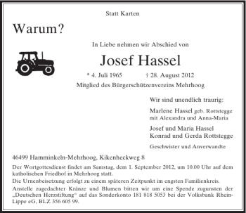 Traueranzeige von Josef Hassel von Rheinische Post