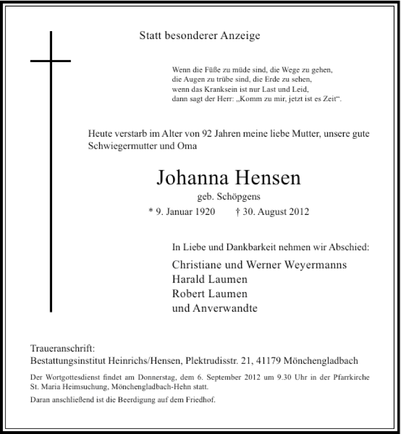  Traueranzeige für Johanna Hensen vom 01.09.2012 aus Rheinische Post