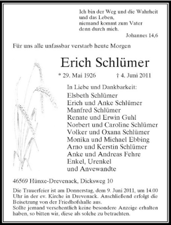 Traueranzeige von Erich Schlümer von Rheinische Post