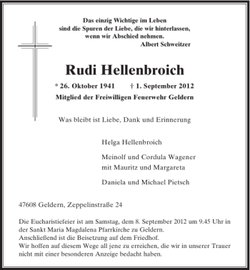 Traueranzeige von Rudi Hellenbroich von Rheinische Post