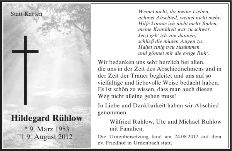  Traueranzeige für Hildegard Rühlow vom 08.09.2012 aus Rheinische Post