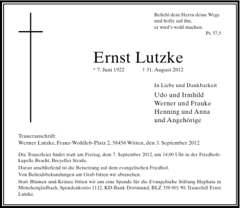 Traueranzeige von Ernst Lutzke von Rheinische Post
