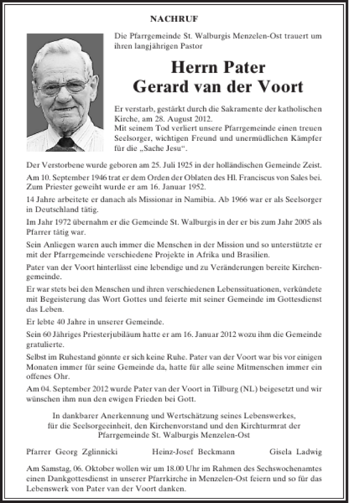  Traueranzeige für Pater Gerard van der Voort vom 05.09.2012 aus Rheinische Post