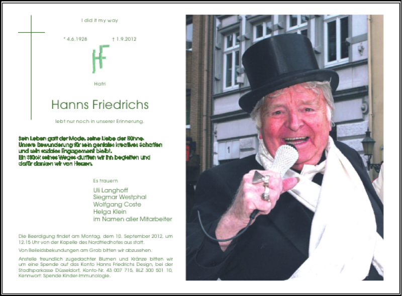  Traueranzeige für Hanns Friedrichs vom 05.09.2012 aus Rheinische Post