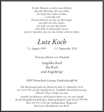 Traueranzeige von Lutz Koch von Rheinische Post