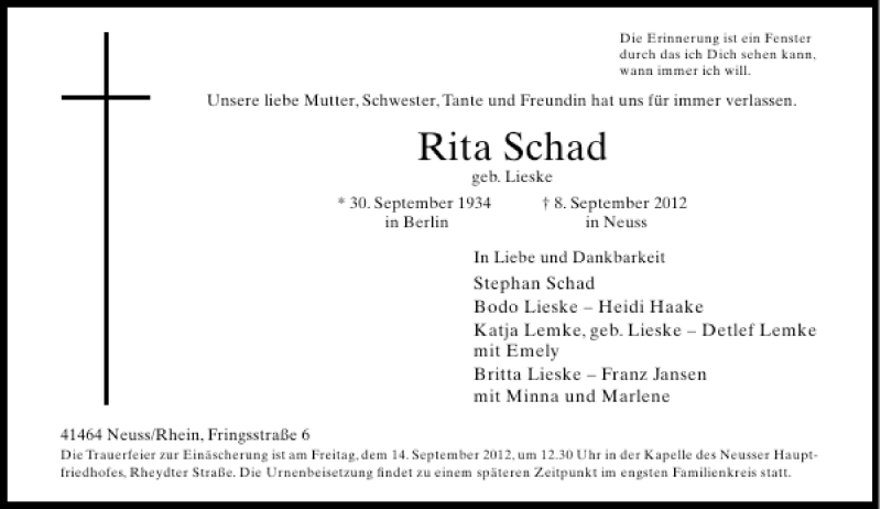  Traueranzeige für Rita Schad vom 11.09.2012 aus Rheinische Post