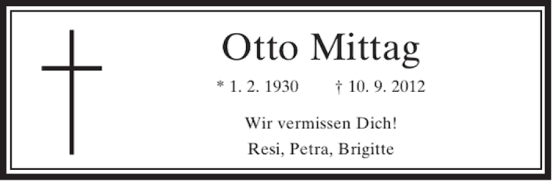  Traueranzeige für Mittag Otto vom 15.09.2012 aus Rheinische Post