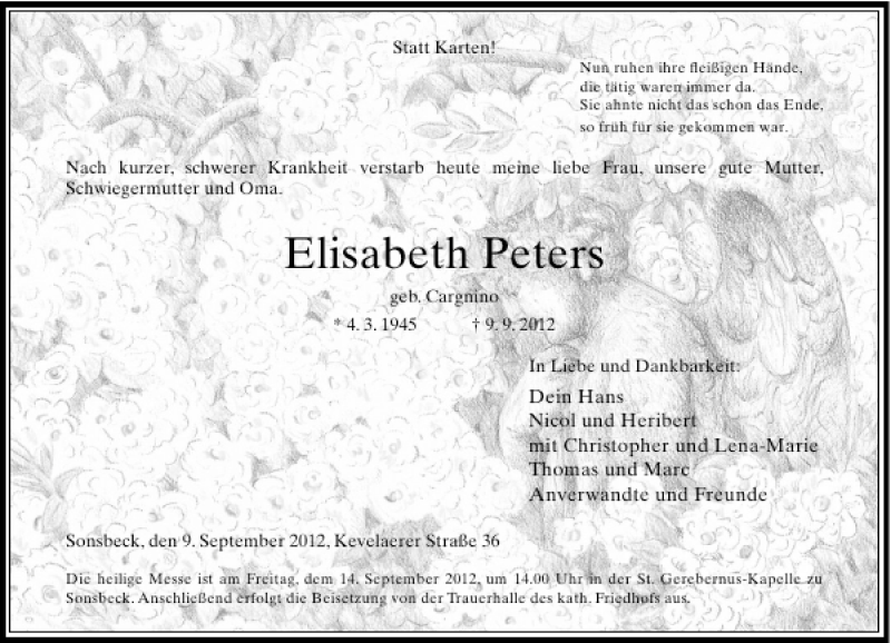  Traueranzeige für Elisabeth Peters vom 12.09.2012 aus Rheinische Post
