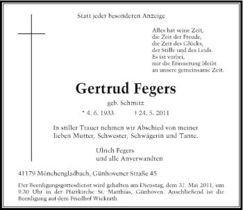 Traueranzeige von Gertrud Fegers von Rheinische Post