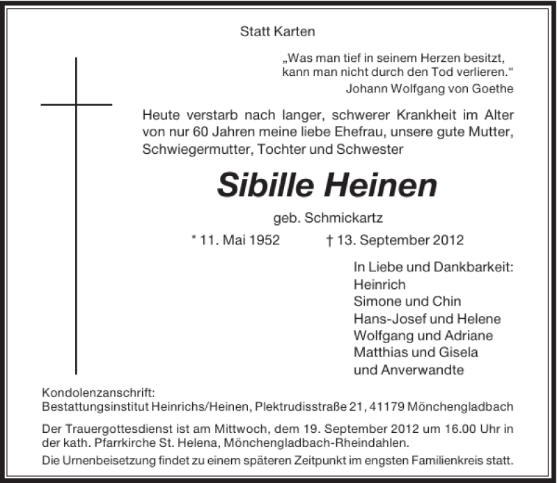  Traueranzeige für Sibille Heinen vom 15.09.2012 aus Rheinische Post