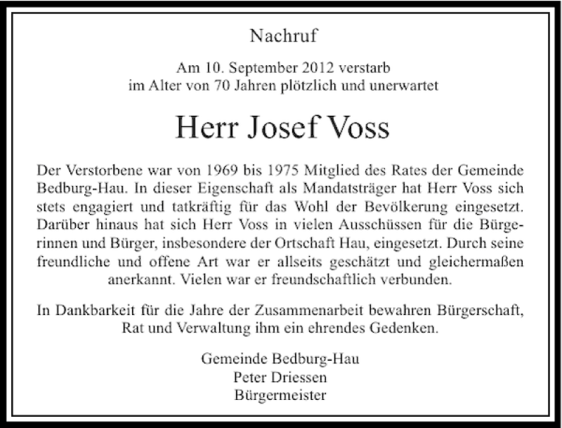  Traueranzeige für Josef Voss vom 18.09.2012 aus Rheinische Post