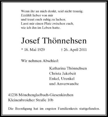 Traueranzeige von Josef Thönnehsen von Rheinische Post