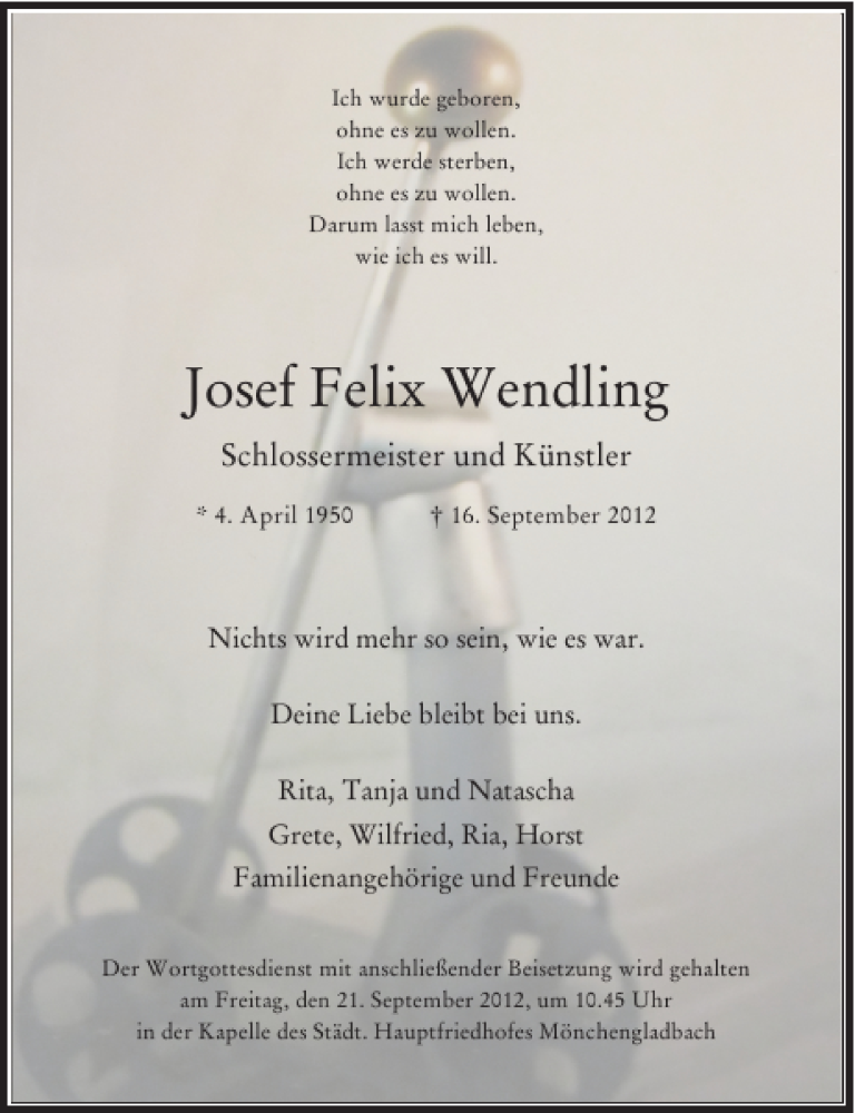  Traueranzeige für Josef Felix Wendling vom 19.09.2012 aus Rheinische Post