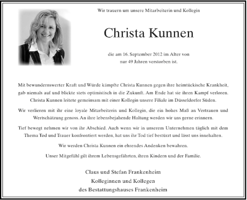  Traueranzeige für Christa Kunnen vom 19.09.2012 aus Rheinische Post