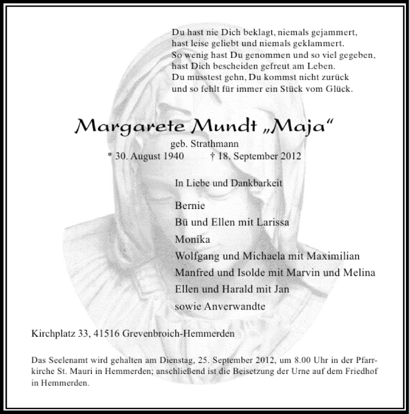  Traueranzeige für Margarete Mundt Maja vom 20.09.2012 aus Rheinische Post