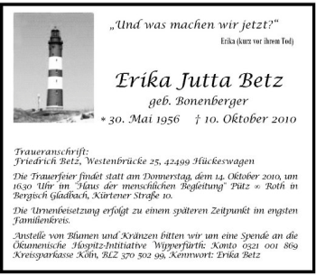 Traueranzeige von Erika Jutta Betz von Rheinische Post