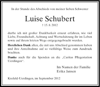 Traueranzeige von Luise Schubert von Rheinische Post