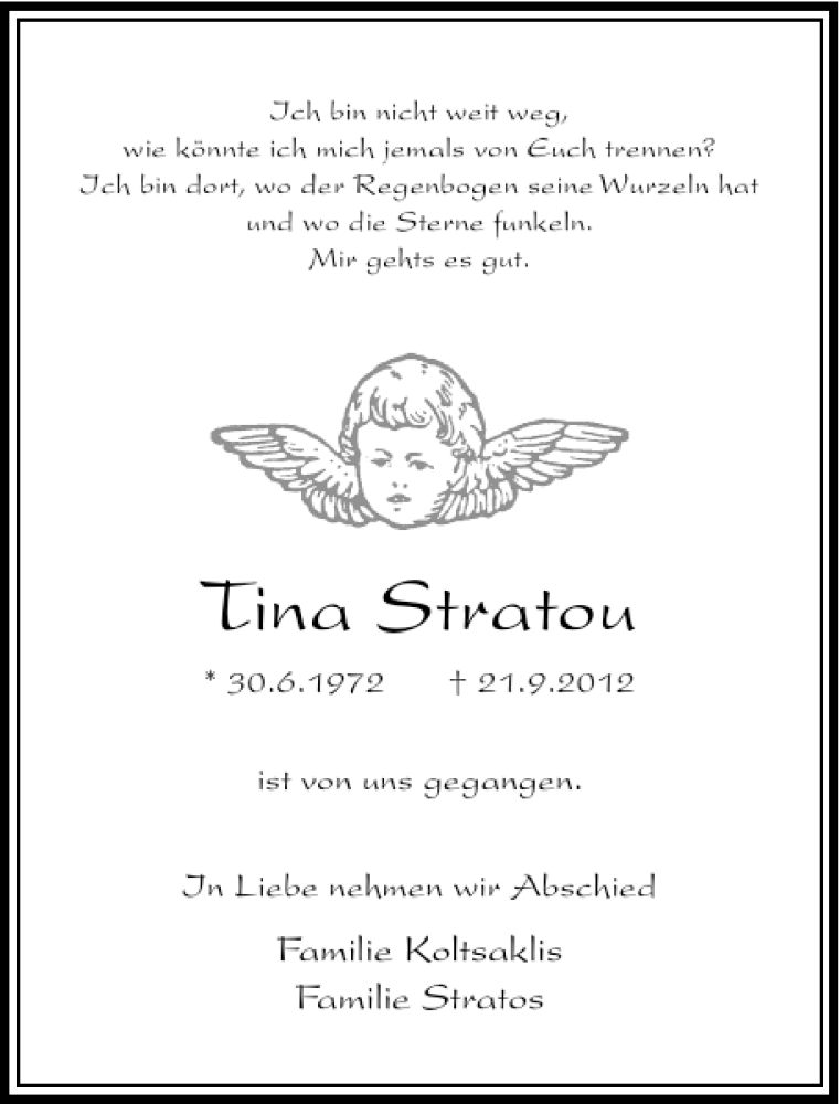  Traueranzeige für Tina Stratou vom 29.09.2012 aus Rheinische Post