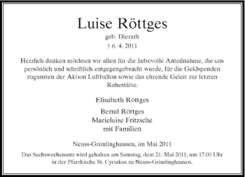 Traueranzeige von Luise Röttges von Rheinische Post