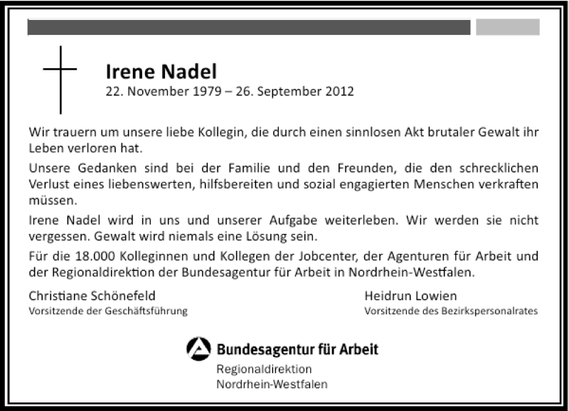  Traueranzeige für Irene Nadel vom 03.10.2012 aus Rheinische Post