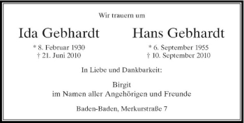 Traueranzeige von Ida Gebhardt Hans Gebhardt von Rheinische Post
