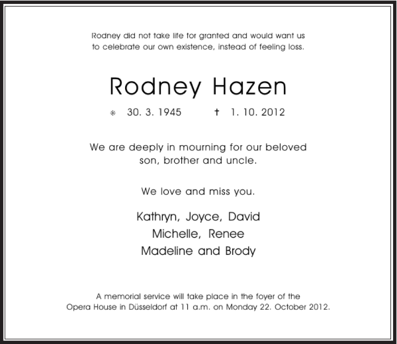  Traueranzeige für Rodney Hazen vom 06.10.2012 aus Rheinische Post