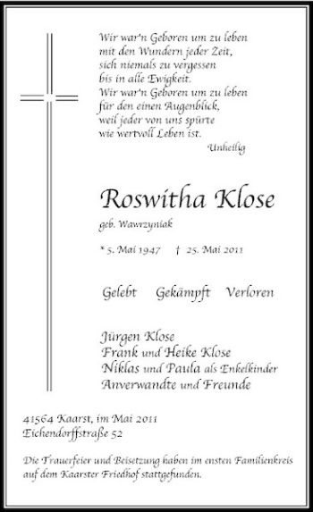 Traueranzeige von Roswitha Klose von Rheinische Post