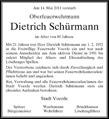 Traueranzeige von Dietrich Schürmann von Rheinische Post