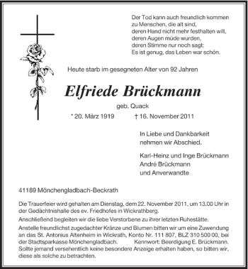 Traueranzeige von Elfriede Brückmann von Rheinische Post