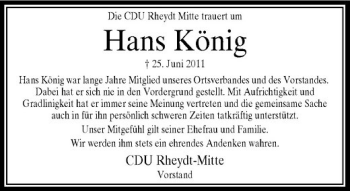 Traueranzeige von Hans König von Rheinische Post