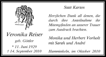 Traueranzeige von Veronika Reiser von Rheinische Post