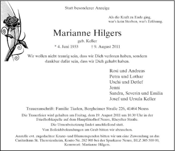 Traueranzeige von Marianne Hilgers von Rheinische Post