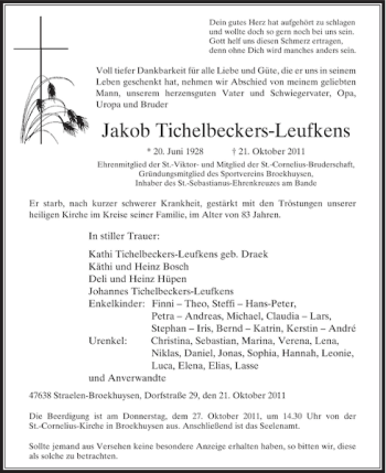 Traueranzeige von Jakob Tichelbeckers-Leufkens von Rheinische Post